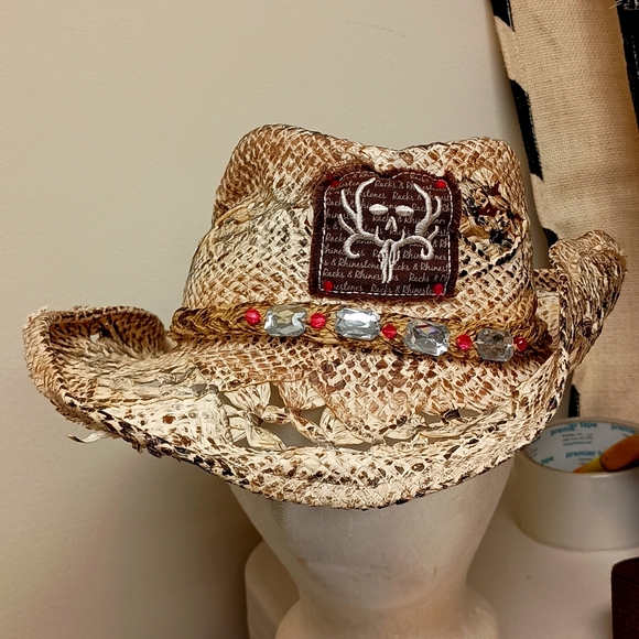 Rattlesnake Pattern Cowboy (Dude) straw hat w semi precious stone band $34 - Picture 1 of 9